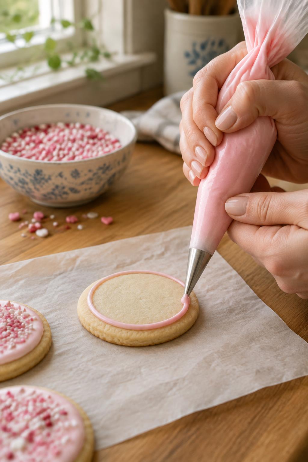 Hands piping pale pink icing onto a sugar cookie