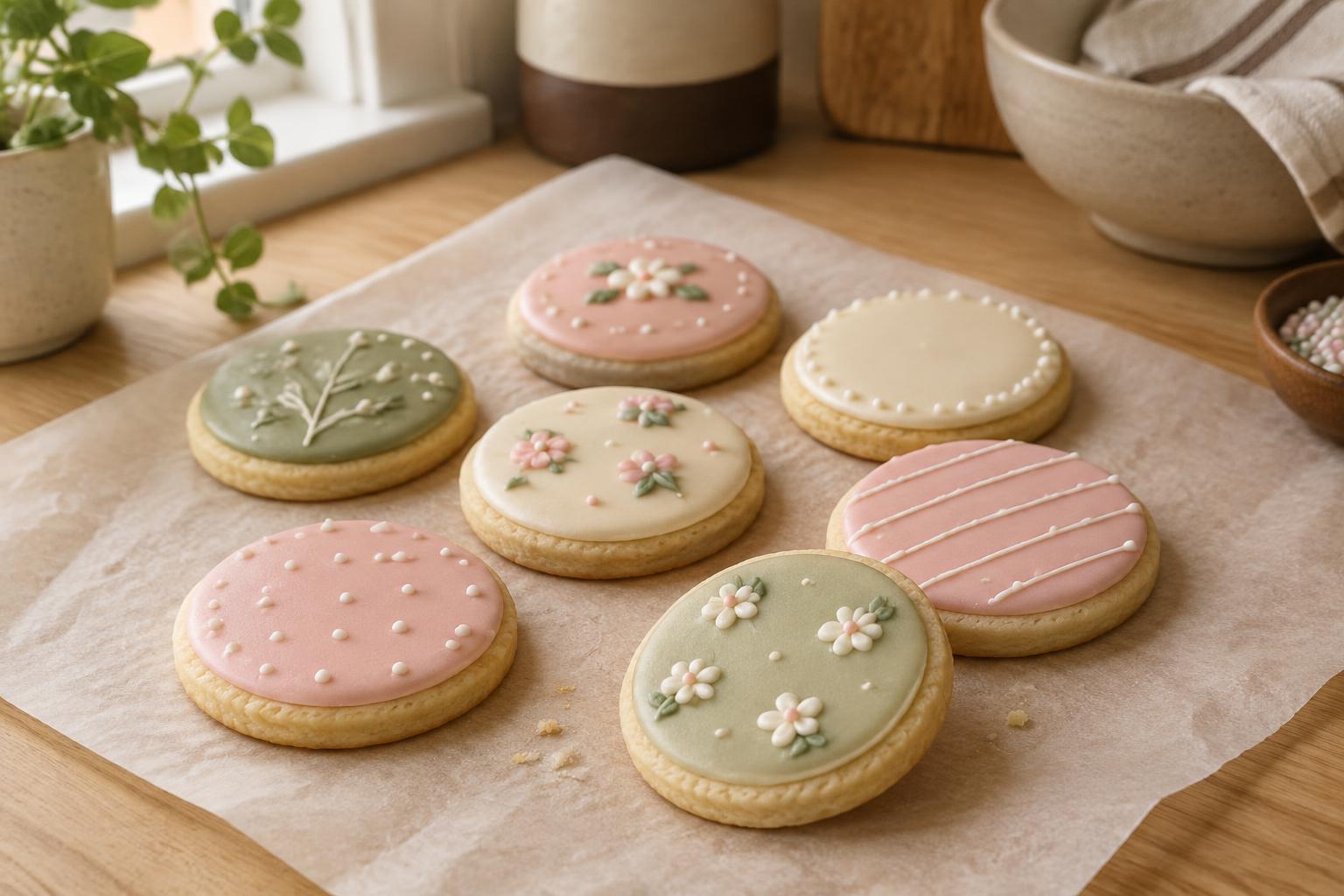 Pastel decorated sugar cookies arranged on parchment paper
